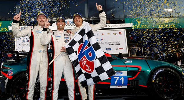 Winners #71: Rebel Rock Racing, Aston Martin Vantage AMR GT4 Evo, GS: Frank DePew, Robin Liddell, Andrew Davis, on the podium