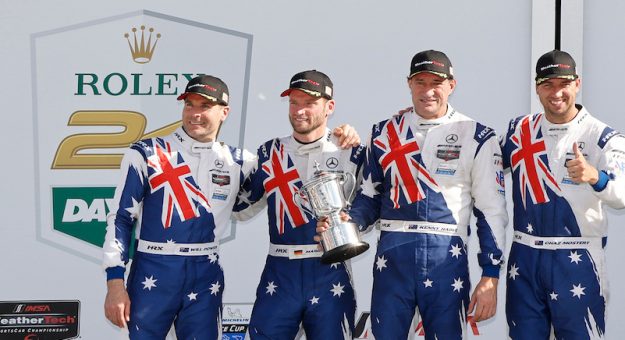 #1: Paul Miller Racing, BMW M4 GT3 EVO, GTD Pro: Neil Verhagen, Connor De Phillippi, Max Hesse, Dan Harper, #75: 75 Express, Mercedes-AMG GT3, GTD Pro: Kenny Habul, Maro Engel, Will Power, Chaz Mostert, #48: WINWARD RACING, Mercedes-AMG GT3, GTD Pro: Scott Noble, Jason Hart, Maxime Martin, Luca Stolz celebrate on the podium