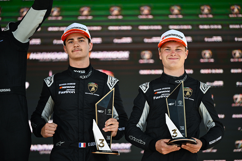 3rd place 4 Enzo Geraci, Colin Queen, ANSA Motorsports, Lamborghini Broward, Lamborghini Huracan Super Trofeo Evo2 celebrate on the podium with the trophy