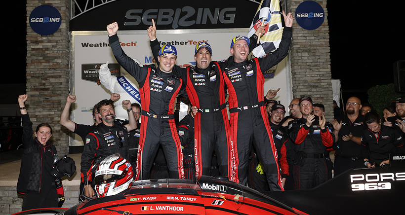 #7: Porsche Penske Motorsports, Porsche 963, GTP: Felipe Nasr, Nick Tandy, Laurens Vanthoor celebrate in victory lane