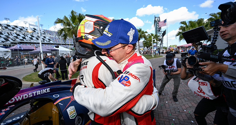 #04: Crowdstrike Racing by APR, ORECA LMP2 07, LMP2: George Kurtz, Alex Quinn, Toby Sowery, Malthe Jakobsen celebrate in victory lane
