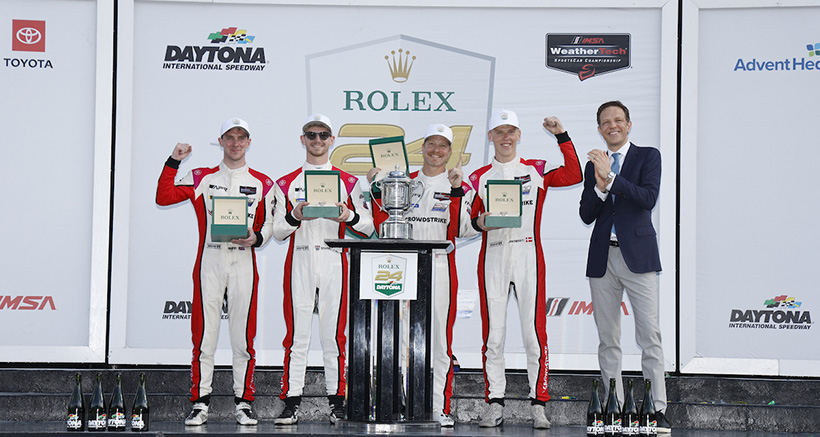 #04: Crowdstrike Racing by APR, ORECA LMP2 07, LMP2: George Kurtz, Alex Quinn, Toby Sowery, Malthe Jakobsen celebrate in victory lane