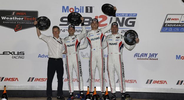 #2: United Autosports USA, ORECA LMP2 07, LMP2: Phil Fayer, Hunter McElrea, Mikkel Jensen celebrate on the podium