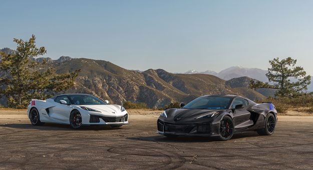 The 2027 Chevrolet Corvette Grand Sport Launch Edition in Arctic White and Grand Sport X in Pitch Gray Metallic positioned side by side, representing the next chapter of blended heritage-inspired design with a next-generation V8 engine that produces more torque than any other naturally aspirated V8 before it.