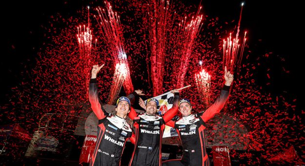 Winners #31: Cadillac Whelen, Cadillac V-Series.R, GTP: Jack Aitken, Earl Bamber, Frederik Vesti celebrate in Victory Lane