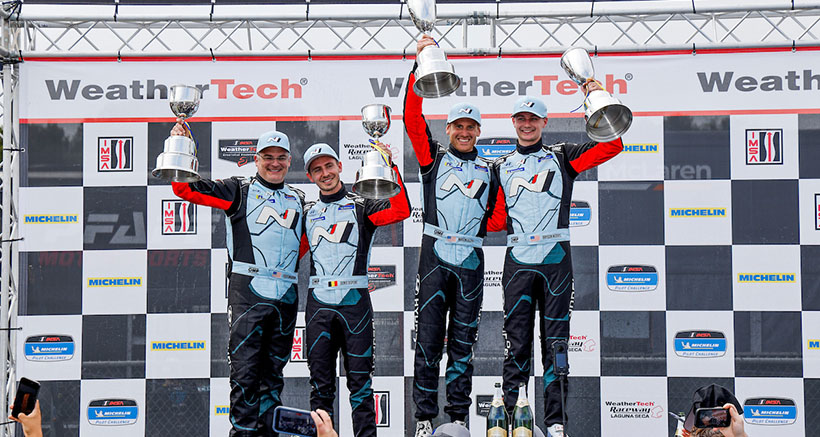 Winners #33: Bryan Herta Autosport with Curb Agajanian, Hyundai Elantra N TCR, TCR: Bryson Morris, Mason Filippi, on the podium