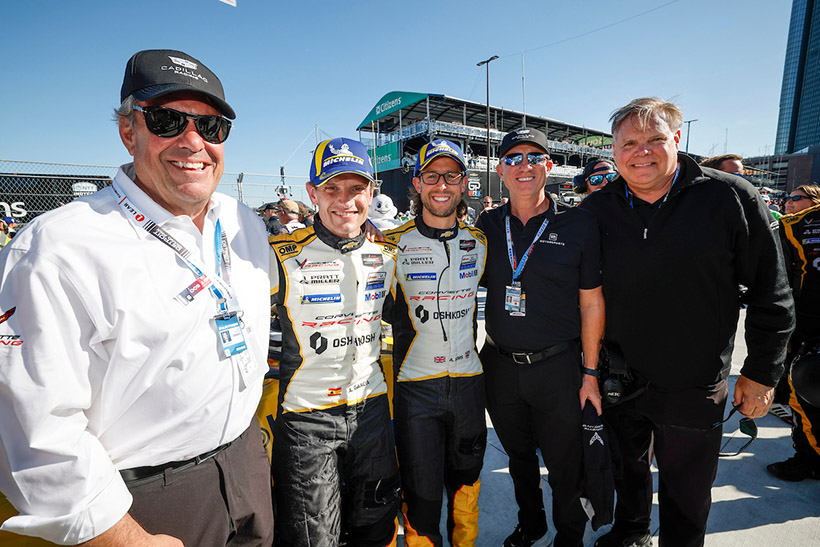 GM President Mark Reuss with winners #3: Corvette Racing by Pratt Miller Motorsports, Corvette Z06 GT3.R, GTD Pro: Antonio Garcia, Alexander Sims, with Eric Warren, GM Vice President, Global Motorsports Competiton and Jim Campbell, Performance & Motorsports at General Motors