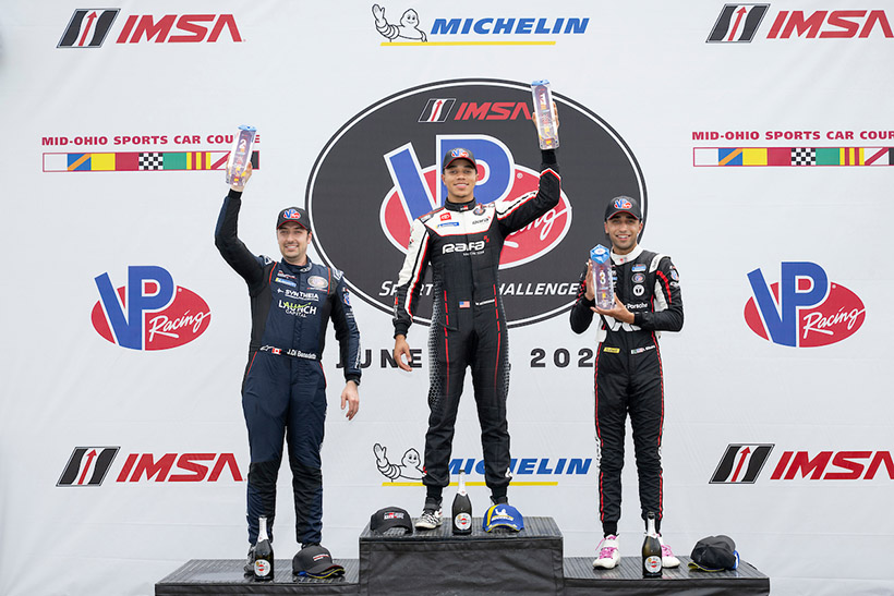 Race 1 Victory Podium, GSX - #4: Di Benedetto Racing, Porsche 718 GT4 RS CS, GSX: Justin Di Benedetto; #8: RAFA Racing, Toyota GR Supra GT4 EVO2, GSX: Westin Workman; and #25: CSM, Porsche 718 GT4 RS CS, GSX: Ismaeel Ellahi, Morgan Burkhard