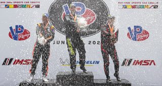 Race 1 Victory Podium, P3 Bronze - #29: Riley, Ligier JS P325, P3: Slade Stewart, Andy Lee; #2: Shopify Racing, Ligier JS P325, P3: Travis Hill; and #87: FastMD with Remstar, Duqueine D08, P3: Farhan Siddiqi, Jagger Jones champagne spray