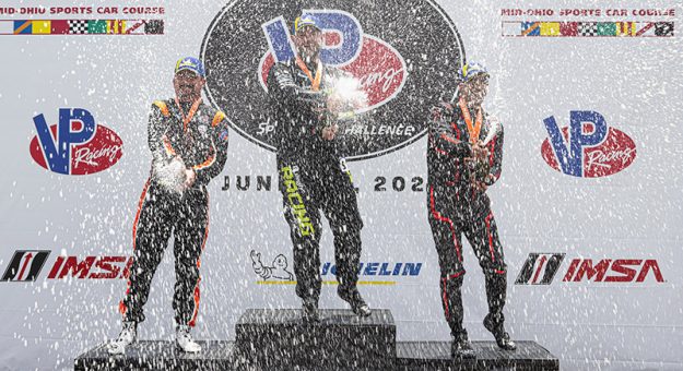 Race 1 Victory Podium, P3 Bronze - #29: Riley, Ligier JS P325, P3: Slade Stewart, Andy Lee; #2: Shopify Racing, Ligier JS P325, P3: Travis Hill; and #87: FastMD with Remstar, Duqueine D08, P3: Farhan Siddiqi, Jagger Jones champagne spray