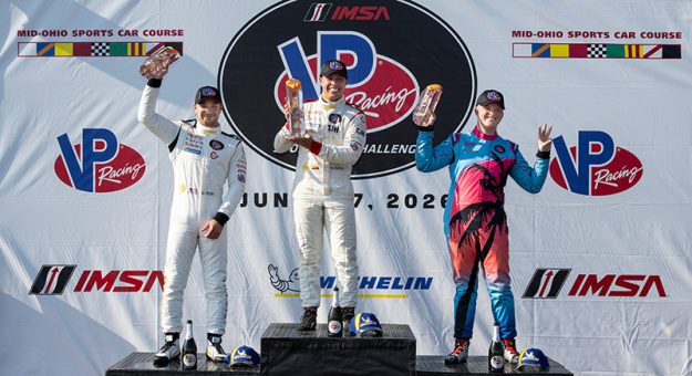 Race 2 Victory Podium P3 - #11: PINAXIS-ZONE 4 Racing, Duqueine D08, P3: Danny Soufi; #1: Gebhardt Motorsport USA Inc., Duqueine D08, P3: Oscar Tunjo; and #95: Toney Driver Development, Ligier JS P325, P3: Lincoln Day