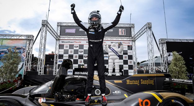 Winner #5: JDC-Miller MotorSports, Porsche 963, GTP: Laurin Heinrich, on the podium