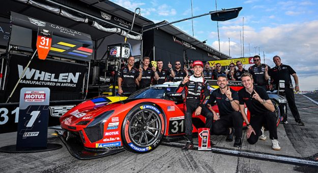 #31: Cadillac Whelen, Cadillac V-Series.R, GTP: Jack Aitken, Earl Bamber, Frederik Vesti, Motul Pole Award, and team