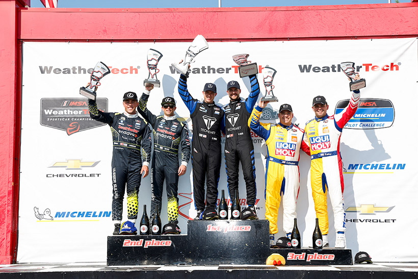 #14: Vasser Sullivan Racing, Lexus RC F GT3, GTD Pro: Jack Hawksworth, Ben Barnicoat, #57: WINWARD RACING, Mercedes-AMG GT3, GTD: Russell Ward, Philip Ellis, #96: Turner Motorsport, BMW M4 GT3 EVO, GTD: Patrick Gallagher, Robby Foley on the podium