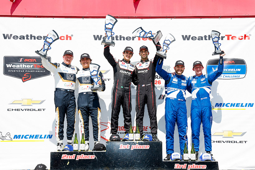 #27: AutoTechnic Racing, BMW M4 GT4 EVO, GS: Austin Krainz, Stevan McAleer, #12: RAFA Racing, Toyota GR Supra GT4 EVO2, GS: Kiko Porto, Varun Choksey, #13: McCumbee McAleer Racing, Ford Mustang GT4, GS: Nate Cicero, Robert Noaker on the podium