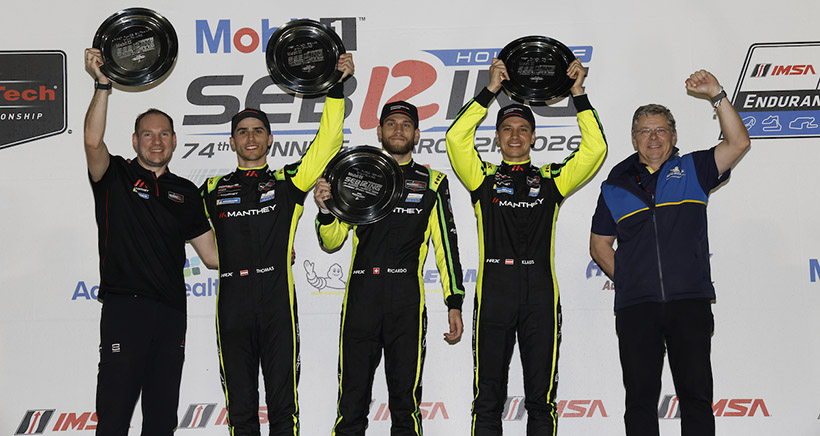 #911: Manthey, Porsche 911 GT3 R (992), GTD Pro: Thomas Preining, Klaus Bachler, Ricardo Feller celebrate on the podium