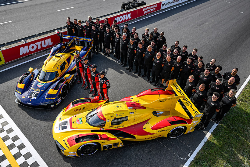 #7: Porsche Penske Motorsport, Porsche 963, GTP: Felipe Nasr, Julien Andlauer, With 2000s Porsche RS Spyder throwback livery, #6: Porsche Penske Motorsport, Porsche 963, GTP: Laurens Vanthoor, Kevin Estre, With 1973 Porsche 917/30 Sunoco throwback livery, and team