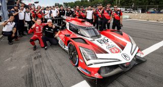 #93: Acura Meyer Shank Racing w/Curb Agajanian, Acura ARX-06, GTP: Renger van der Zande, Nick Yelloly and team celebrate their pole award with HRC President David Salters and HRC engineers