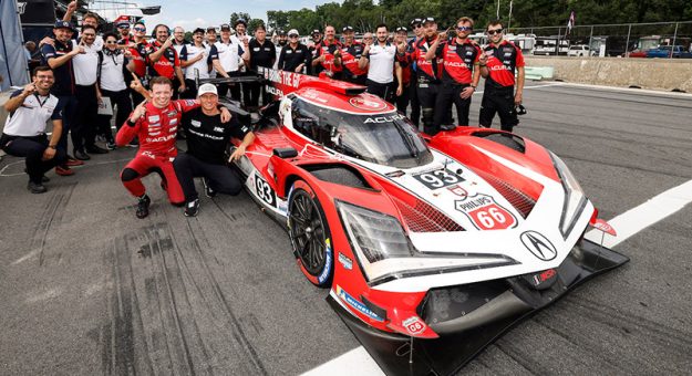 #93: Acura Meyer Shank Racing w/Curb Agajanian, Acura ARX-06, GTP: Renger van der Zande, Nick Yelloly and team celebrate their pole award with HRC President David Salters and HRC engineers