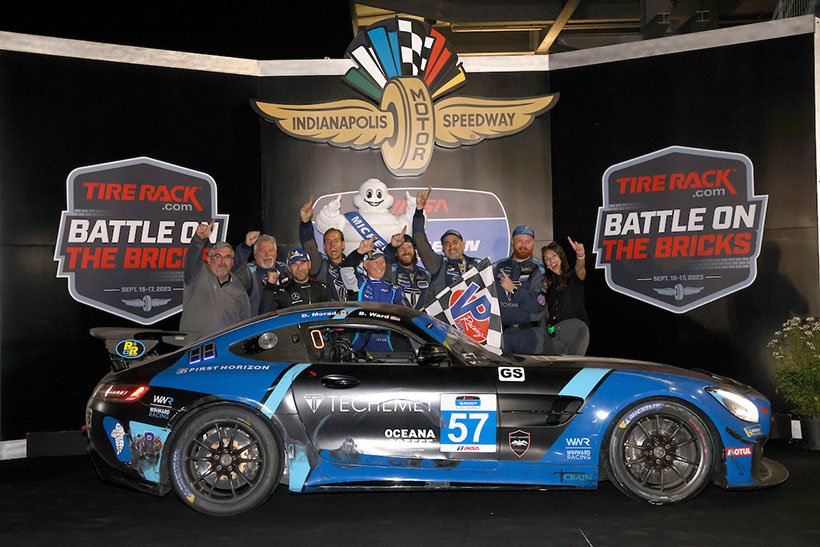 #57: Winward Racing, Mercedes AMG GT GT4, GS: Bryce Ward, Daniel Morad on the podium.