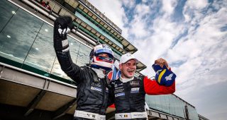 #24: BMW M Team WRT, BMW M Hybrid V8, GTP: Sheldon van der Linde, Dries Vanthoor celebrate in Victory Lane