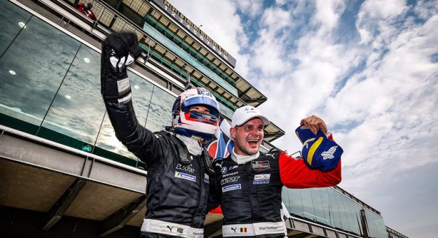 #24: BMW M Team WRT, BMW M Hybrid V8, GTP: Sheldon van der Linde, Dries Vanthoor celebrate in Victory Lane