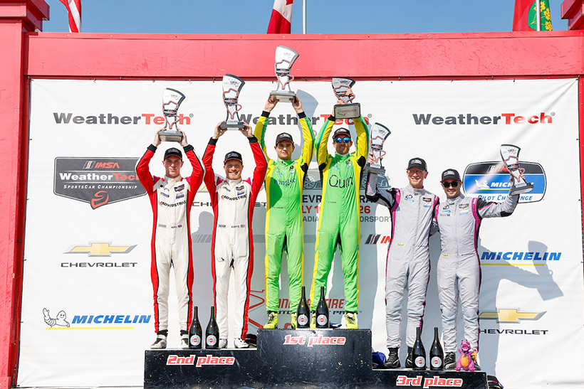 #04: Crowdstrike Racing by APR, ORECA LMP2 07, LMP2: George Kurtz, Alex Quinn, #43: Inter Europol Competition, ORECA LMP2 07, LMP2: Jeremy Clarke, Tom Dillmann, #99: AO Racing, ORECA LMP2 07, LMP2: PJ Hyett, Dane Cameron on the podium