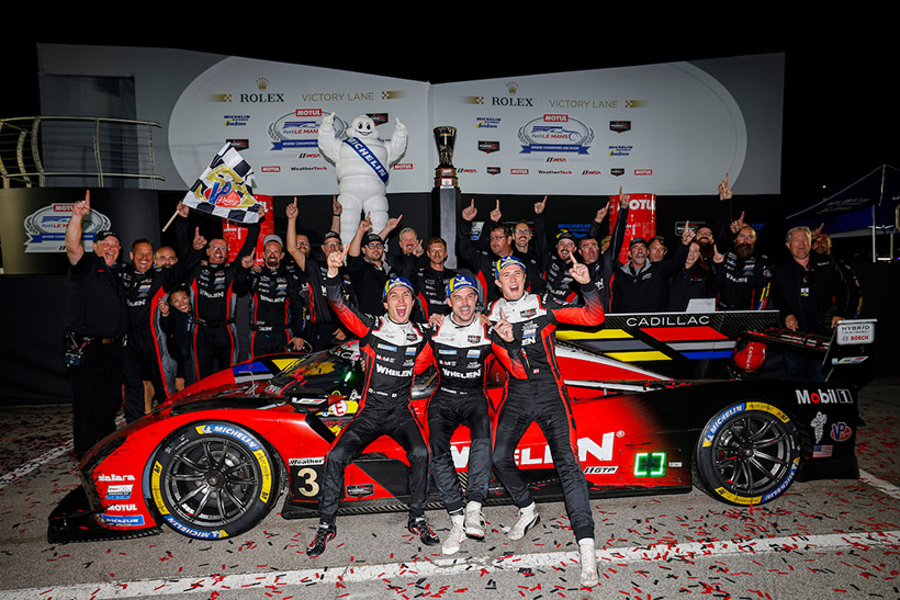 #31: Cadillac Whelen, Cadillac V-Series.R, GTP: Jack Aitken, Earl Bamber, Frederik Vesti, Celebrates with Team