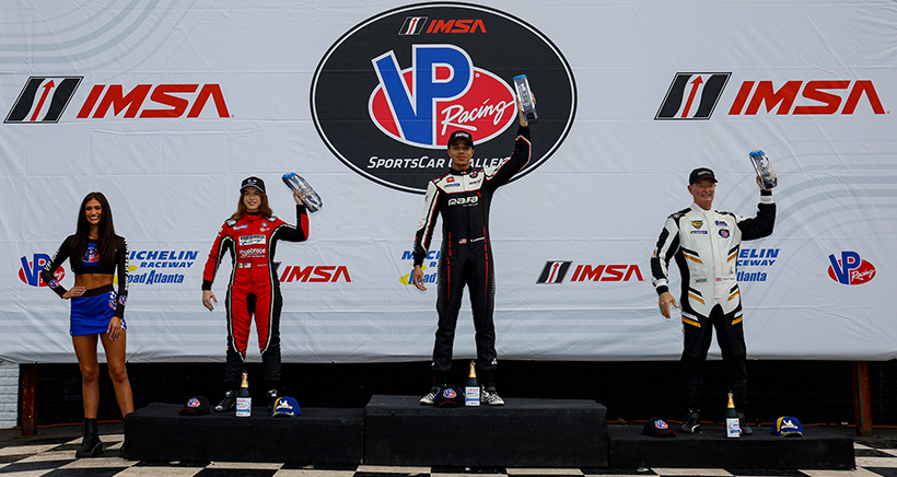 GSX Race 2 Podium, #8: RAFA Racing, Toyota GR Supra GT4 EVO2, GSX: Westin Workman, #35: CarBahn Motorsports, BMW M4 GT4 EVO, GSX: Courtney Crone, Jeff Westphal, #5: KMW Motorsports with TMR Engineering, Porsche 718 GT4 RS CS, GSX: Angus Rogers