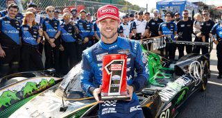 Motul Pole Award winner #60: Acura Meyer Shank Racing w/Curb Agajanian, Acura ARX-06, GTP: Tom Blomqvist celebrates with his team and Honda HRC engineers and staff