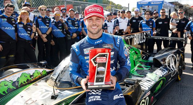 Motul Pole Award winner #60: Acura Meyer Shank Racing w/Curb Agajanian, Acura ARX-06, GTP: Tom Blomqvist celebrates with his team and Honda HRC engineers and staff