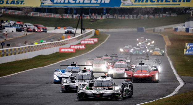 #60: Acura Meyer Shank Racing w/Curb Agajanian, Acura ARX-06, GTP: Tom Blomqvist, Colin Braun, Scott Dixon, #93: Acura Meyer Shank Racing w/Curb Agajanian, Acura ARX-06, GTP: Renger van der Zande, Nick Yelloly, Alex Palou, #24: BMW M Team WRT, BMW M Hybrid V8, GTP: Sheldon van der Linde, Dries Vanthoor, Robin Frijns  #31: Cadillac Whelen, Cadillac V-Series.R, GTP: Jack Aitken, Earl Bamber, Frederik Vesti lead at the start