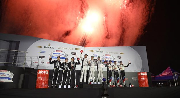 #68: Car Blanche, Aston Martin Vantage GT3 Evo, GTD Pro: Valentin Hasse Clot, Marco Sorensen, Mattia Drudi, #77: AO Racing, Porsche 911 GT3 R (992), GTD Pro: Nick Tandy, Harry King, Alessio Picariello, #1: Paul Miller Racing, BMW M4 GT3 EVO, GTD Pro: Neil Verhagen, Connor De Phillippi, Dan Harper celebrate in victory lane