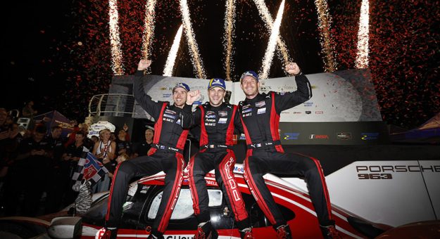#6: Porsche Penske Motorsport, Porsche 963, GTP: Laurens Vanthoor, Kevin Estre, Matt Campbell celebrate in victory lane