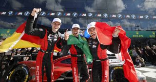 #7: Porsche Penske Motorsport, Porsche 963, GTP: Felipe Nasr, Julien Andlauer, Laurin Heinrich celebrate in victory lane