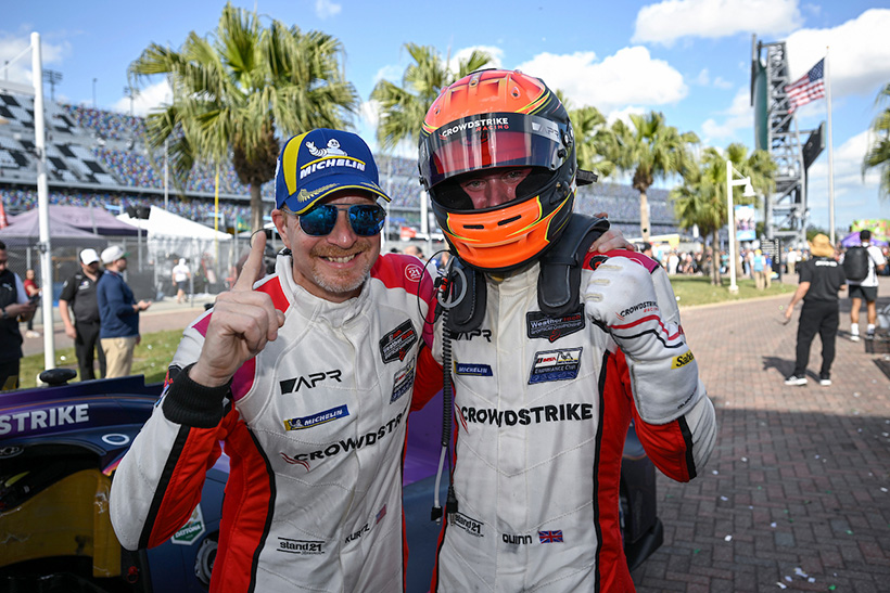 #04: Crowdstrike Racing by APR, ORECA LMP2 07, LMP2: George Kurtz, Alex Quinn, Toby Sowery, Malthe Jakobsen celebrate in victory lane