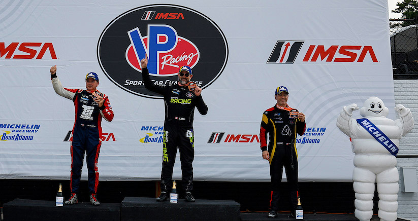 LMP3 Bronze Race 2 Podium, #2: Shopify Racing, Ligier JS P325, P3: Travis Hill , #77: Forte Racing, Ligier JS P320, P3: Brian Thienes, Patrick Kujala, #30: Toney Driver Development, Ligier JS P325, P3: Ari Balogh, Garett Grist